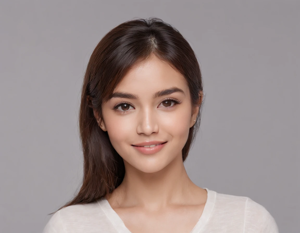 (Photo: 1.3) af (realism: 1.3), (Hispanic), Latina woman profile picture, (frontal close-up), soft light, clear face, happy, cheerful, warm light, white T-shirt, (off-white background), (blank background), (gray wall background)) avatar, (blunt bangs, younger sister's head), smile, beautiful, young, short hair, smile, (close-up)