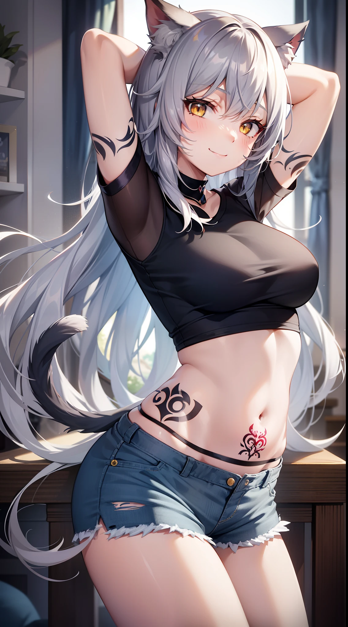 young girl, long gray hair, cat ears, Yellow eyes, Smile, tattoo, Tight blue fantasy shirt, open belly, Blue Fantasy Shorts, Masterpiece, hiquality, 4k, HD, Good detail