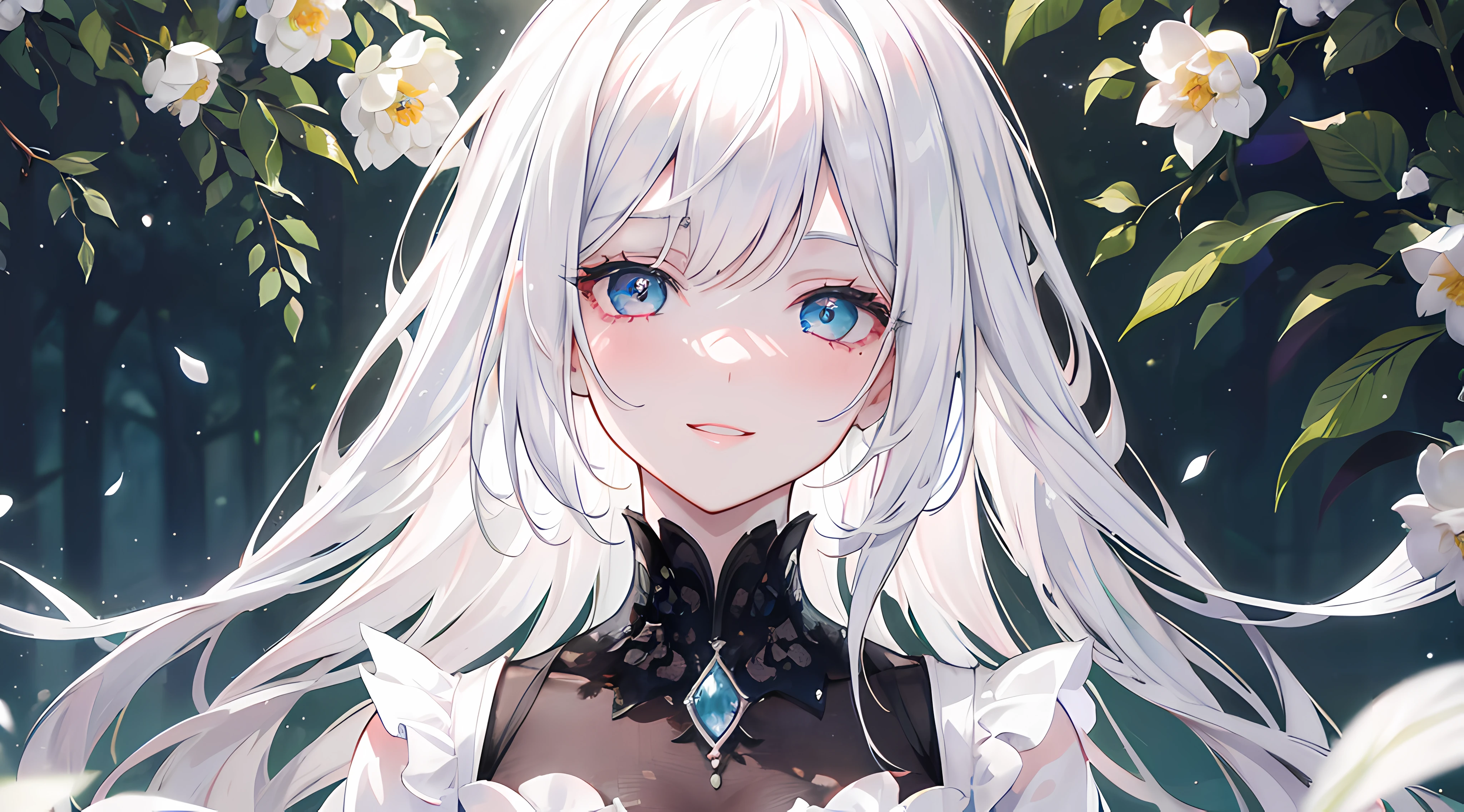 White-haired woman,heterochromia,blushing,smiling,beautiful detailed eyes,beautiful detailed lips,black and white dress,gazing at the viewer,aesthetic garden background,soft sunlight,medium:oil painting,ultra-detailed,photorealistic,vivid colors,highres,studio lighting,physically-based rendering,bokeh.