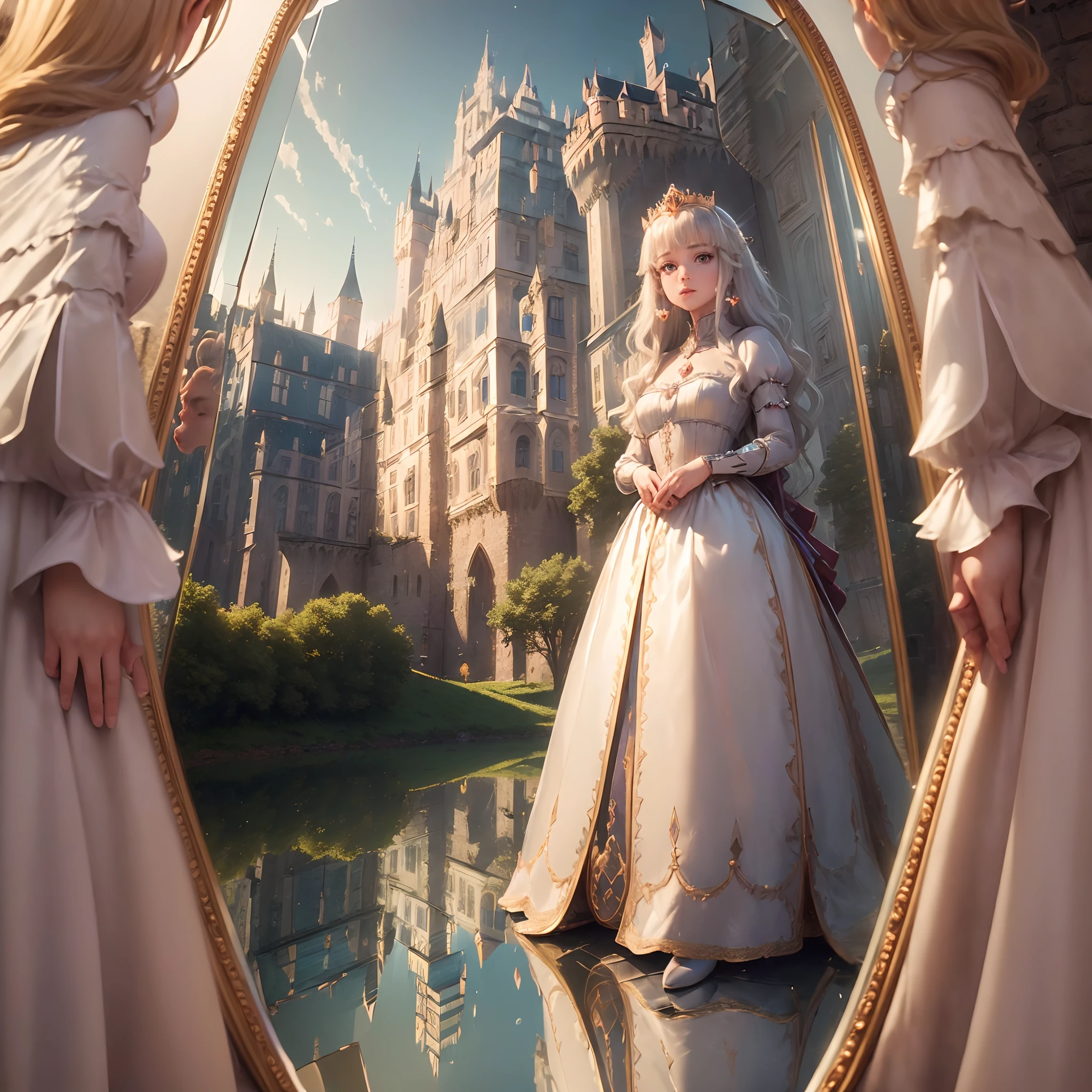 (Princess:1.6),(You can see the castle reflected in the mirror:1.6),masterpiece,highly quality,(extremely detailed CG unity 8k portrait:1.3),Breathtaking Scenery,