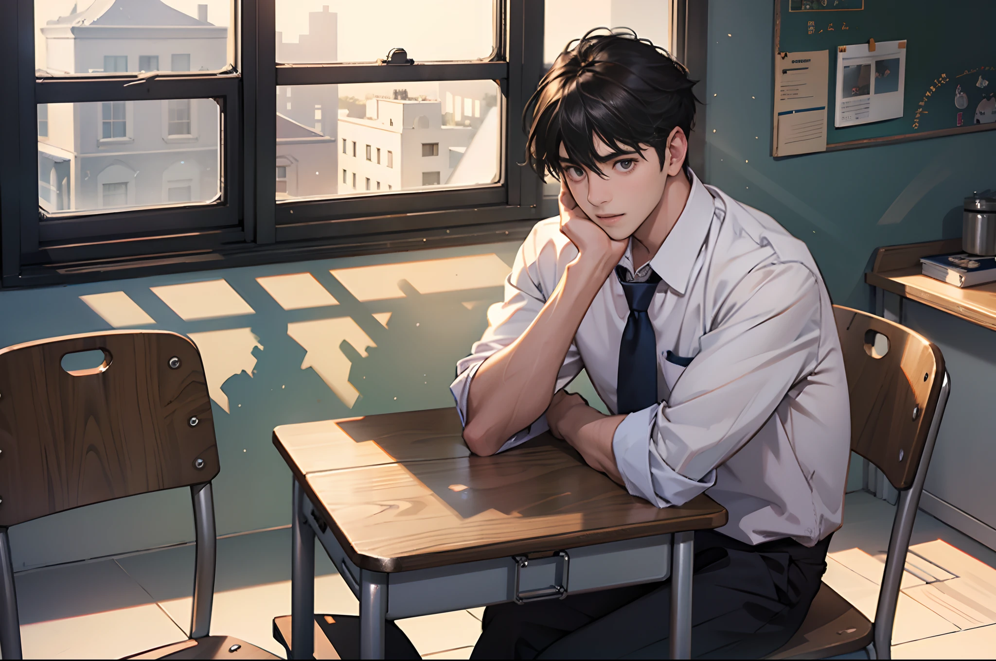 Man，shoun，Young men，High school students，The background is in the classroom，school uniform，extreme hight detail，Realistic light and shadow，Sunlight comes in through the windows，facula，softlighting，Soft focus，The best quality，Be red in the face，Look at the lens, sit on chair，Rest your head on the table，Hold your cheeks
