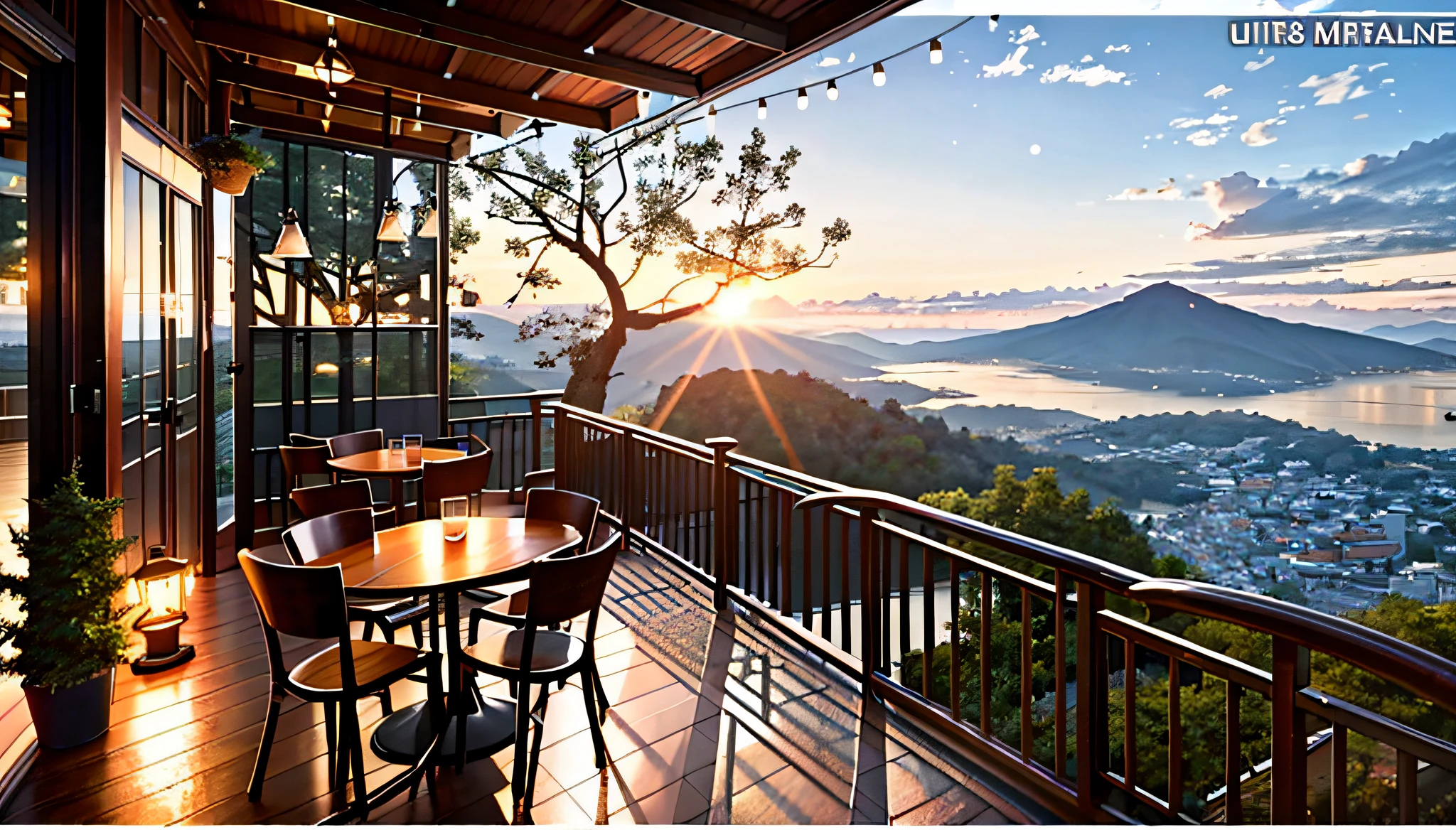 ((masterpiece)), ((top-quality)), (hight resolution:1.5), (ultra-detailliert:1.5),(extremely detailed CG unified 8k wallpaper), Quiet morning,Unkai Terrace,f/4.0,135mm,captured on canon eos r 6,Open terrace at the top of the mountain, detailed scenery —width 672, Cinematic morning light, Realistic morning lighting, cozy cafe background