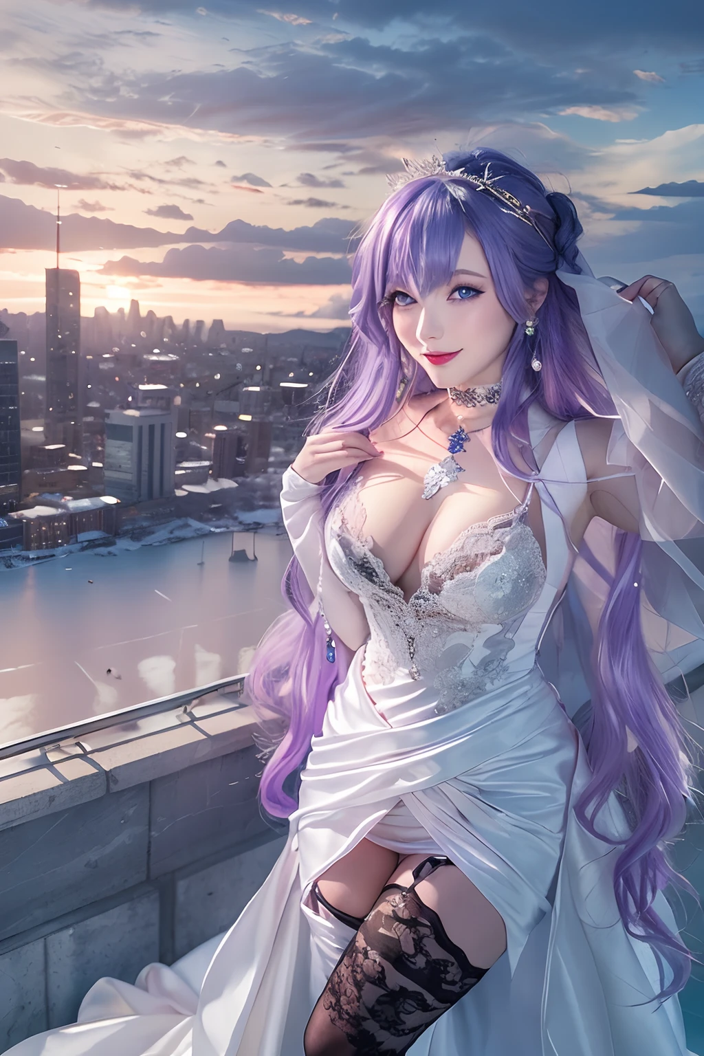 (Masterpiece), (Best quality), In winter, Sunset, Cityscape, (Huge_filesize), (Real), (Realistic), Girl, Long hair, Purple hair, Wavy hair, Makeup , Light smile, Blue eyes, Medium breasts, Wedding_dress, Bare_bshoulders, white thighhighs, Earrings, jewelry, Black choker , necklace, Turning around,