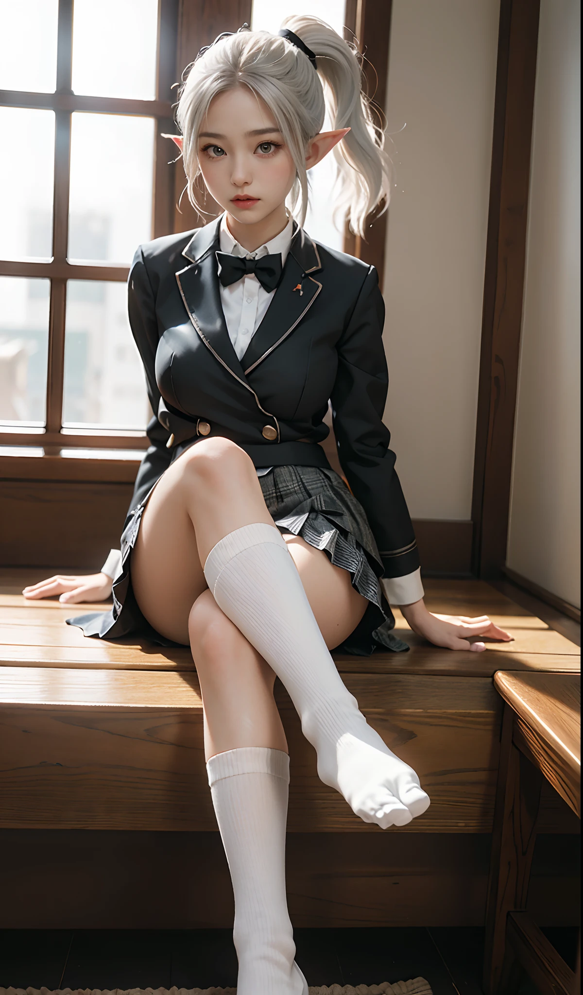 (Extremely normal body)Japanese-style town:1 Elf beauty,JK school uniform,(Elf long ears),Short silver-white hair,Half-tied ponytail。Uniform for female high school students),Short plaid skirt,Stretch your feet,Black short stockings,Black socks, Black socks,Translucent black socks,Jade foot,soles of feet,Normal feet , very detailed eyes and faces, Sharp pupils, realistic pupil, tack sharp focus, cinmatic lighting,full bodyesbian,Bigboobs,long leges,From the front side,dynamicposes,Normal posture,closeup of face