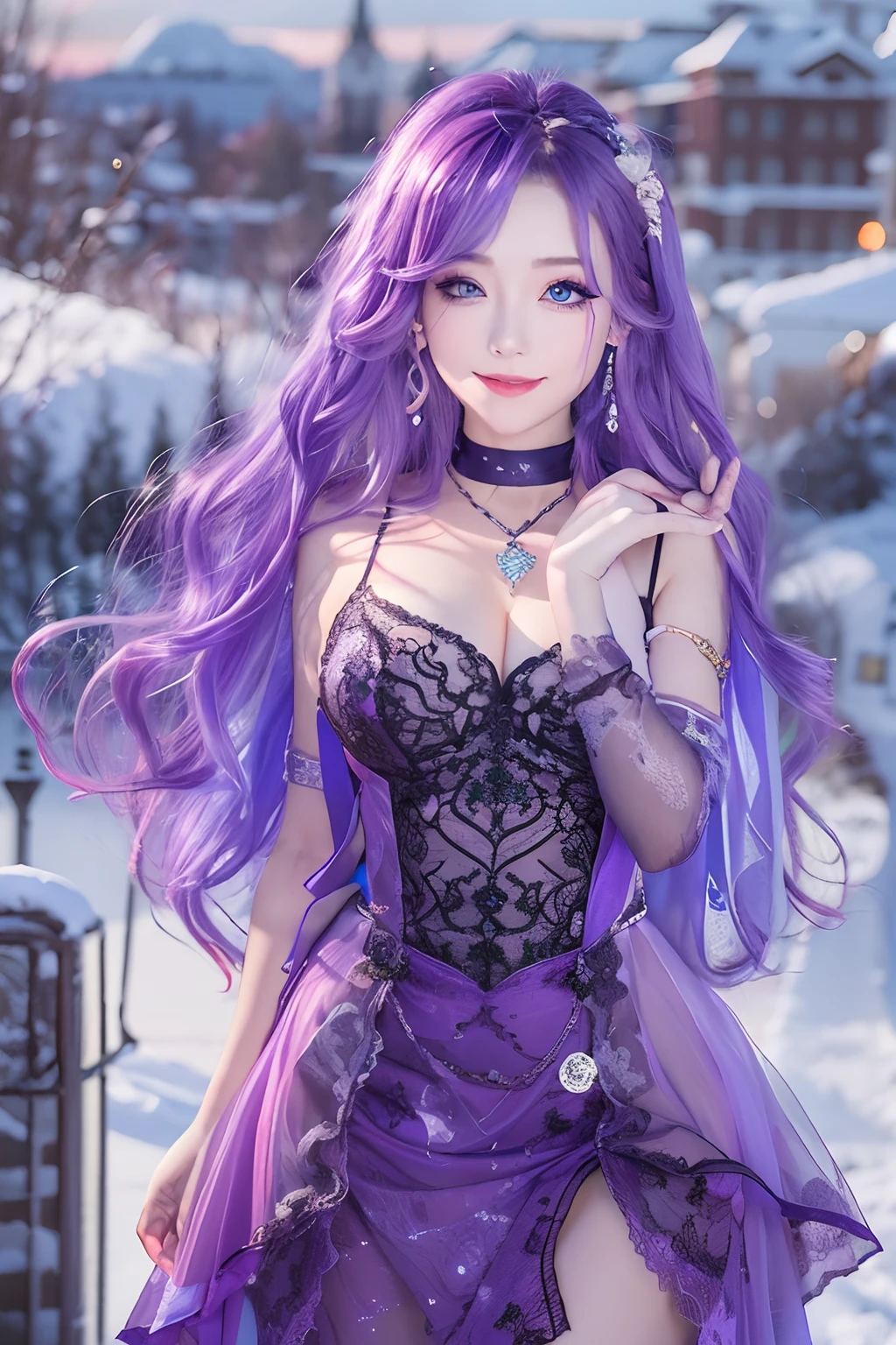 (Masterpiece), (Best quality), In winter, Sunset, Cityscape, (Huge_filesize), (Real), (Realistic), Girl, Long hair, Purple hair, Wavy hair, Makeup , Light smile, Blue eyes, Medium breasts, Wedding_dress, Bare_bshoulders, white thighhighs, Earrings, jewelry, Black choker , necklace, Turning around,