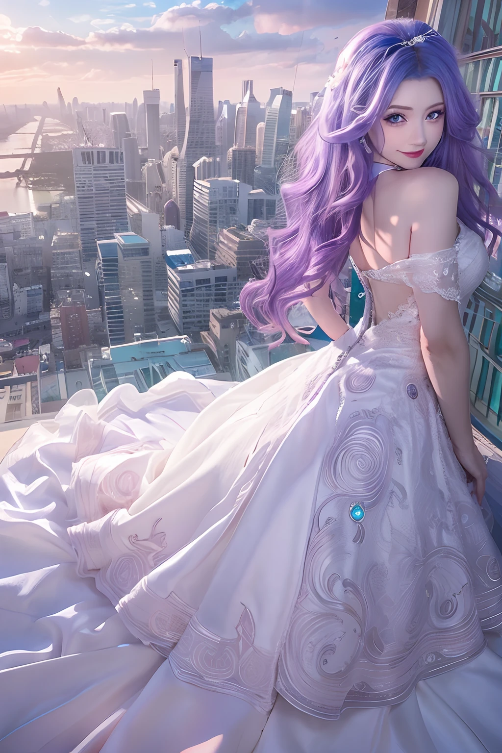 (Masterpiece), (Best quality), In winter, Sunset, Cityscape, (Huge_filesize), (Real), (Realistic), Girl, Long hair, Purple hair, Wavy hair, Makeup , Light smile, Blue eyes, Medium breasts, Wedding_dress, Bare_bshoulders, white thighhighs, Earrings, jewelry, Black choker , necklace, Turning around,