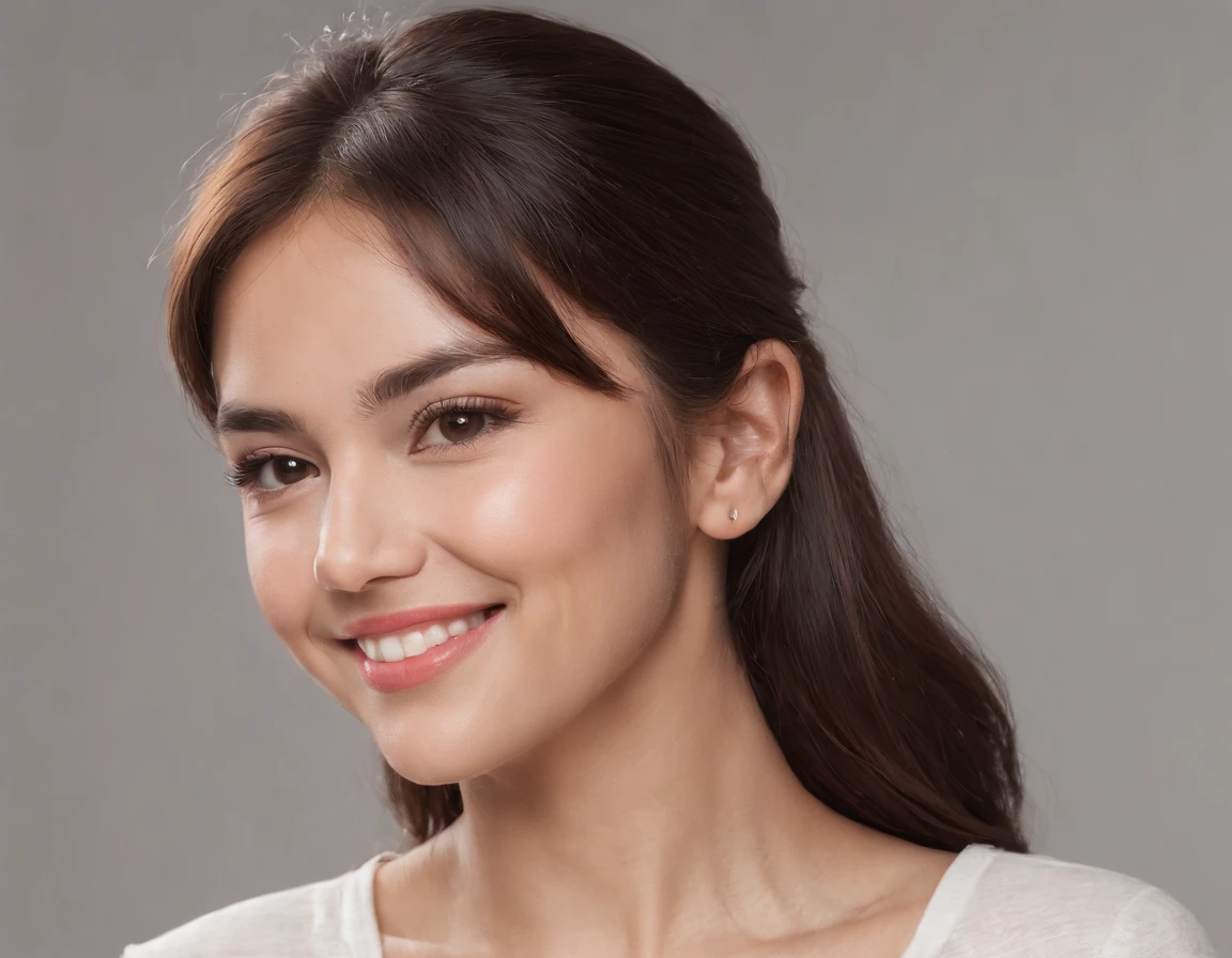 (Photo: 1.3) af (realism: 1.3), (Hispanic), Latina woman profile picture, (frontal close-up), soft light, clear face, happy, cheerful, warm light, white T-shirt, (off-white background), (blank background), (gray wall background)) avatar, (blunt bangs, younger sister's head), smile, beautiful, young, short hair, smile, (close-up)