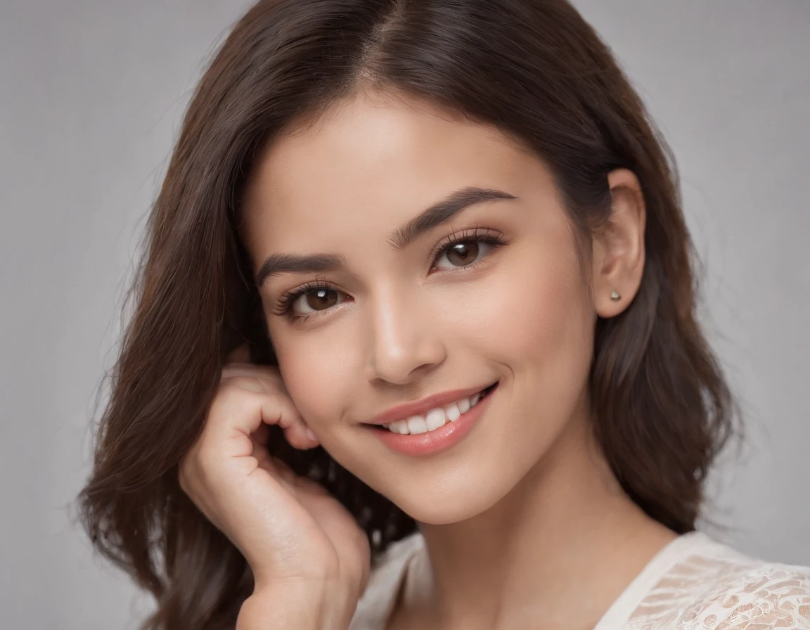 (Photo: 1.3) af (realism: 1.3), (Hispanic), Latina woman profile picture, (frontal close-up), soft light, clear face, happy, cheerful, warm light, white T-shirt, (off-white background), (blank background), (gray wall background)) avatar, (blunt bangs, younger sister's head), smile, beautiful, young, short hair, smile, (close-up)