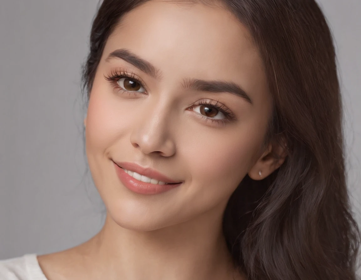 (Photo: 1.3) af (realism: 1.3), (Hispanic), Latina woman profile picture, (frontal close-up), soft light, clear face, happy, cheerful, warm light, white T-shirt, (off-white background), (blank background), (gray wall background)) avatar, (blunt bangs, younger sister's head), smile, beautiful, young, short hair, smile, (close-up)