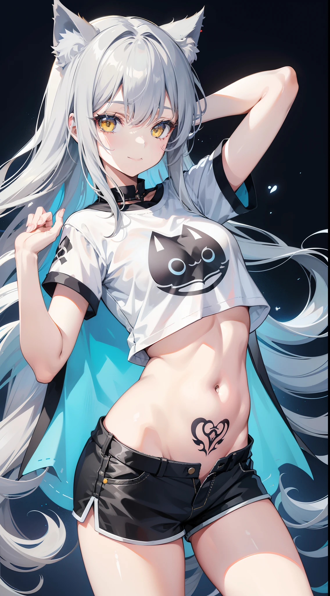 young girl, long gray hair, cat ears, Yellow eyes, Smile, tattoo, Tight blue fantasy shirt, open belly, Blue Fantasy Shorts, Masterpiece, hiquality, 4k, HD, Good detail