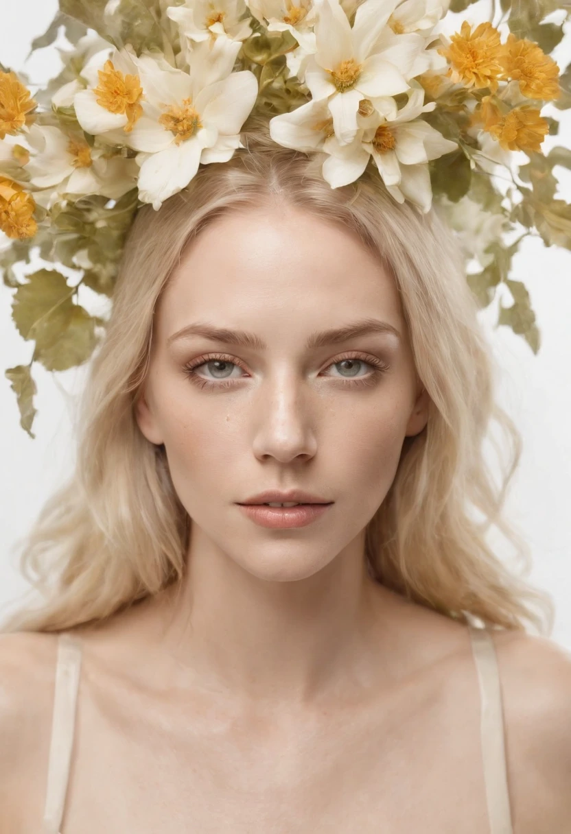 Caucasian woman in an illustration with dripping flowers on her face,upper body,blonde hair, in the style of collage-based, made of insects, william wegman, colorism, white background, pencil art illustrations, national geographic photo