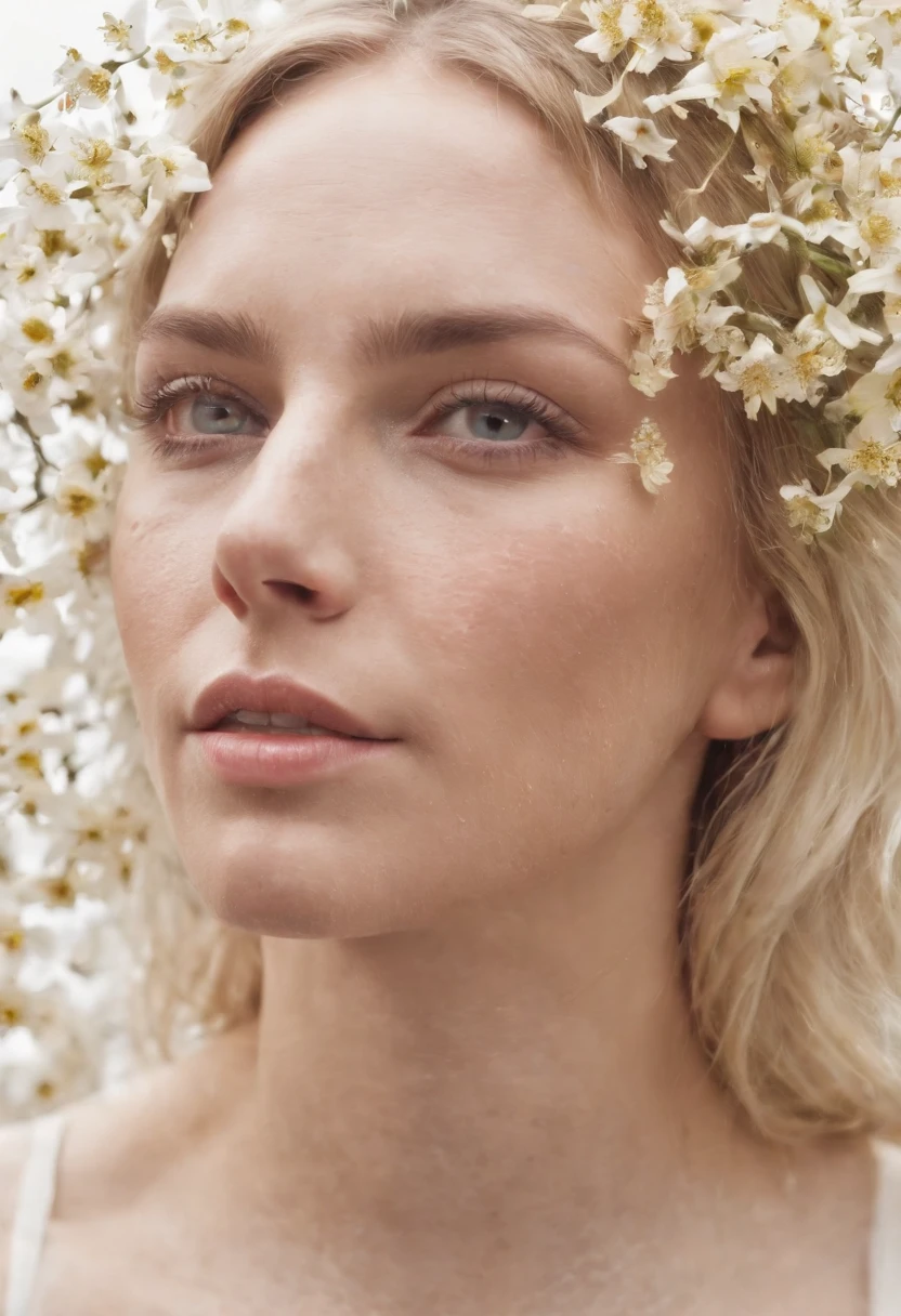Caucasian woman in an illustration with dripping flowers on her face,upper body,blonde hair, in the style of collage-based, made of insects, william wegman, colorism, white background, pencil art illustrations, national geographic photo