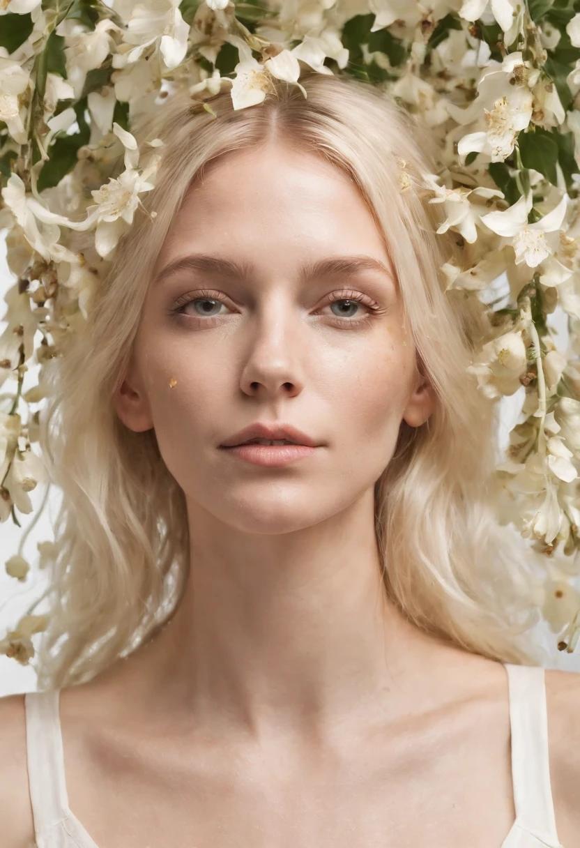 Caucasian woman in an illustration with dripping flowers on her face,upper body,blonde hair, in the style of collage-based, made of insects, william wegman, colorism, white background, pencil art illustrations, national geographic photo