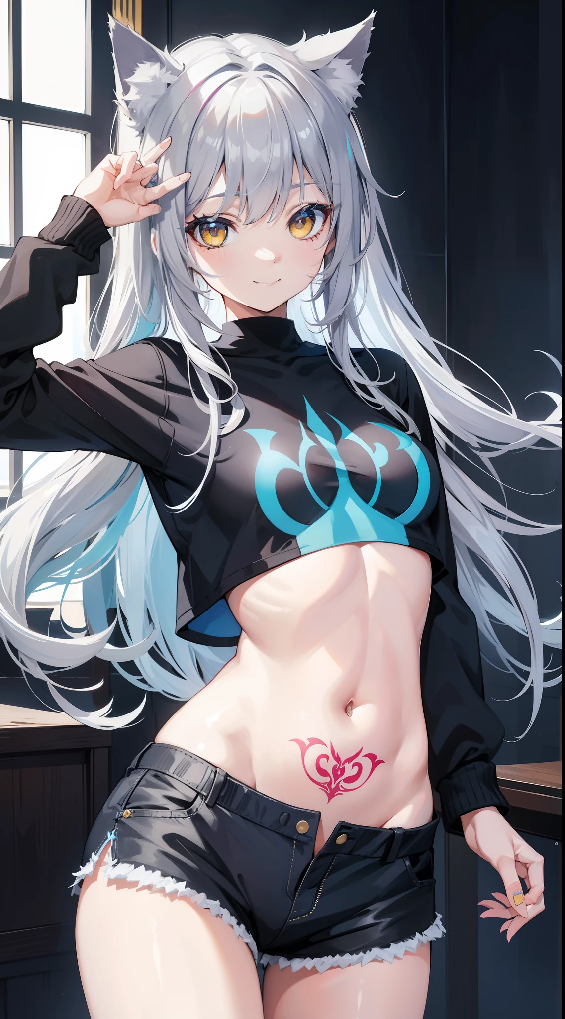 young girl, long gray hair, cat ears, Yellow eyes, Smile, tattoo, Tight blue fantasy shirt, open belly, Blue Fantasy Shorts, Masterpiece, hiquality, 4k, HD, Good detail