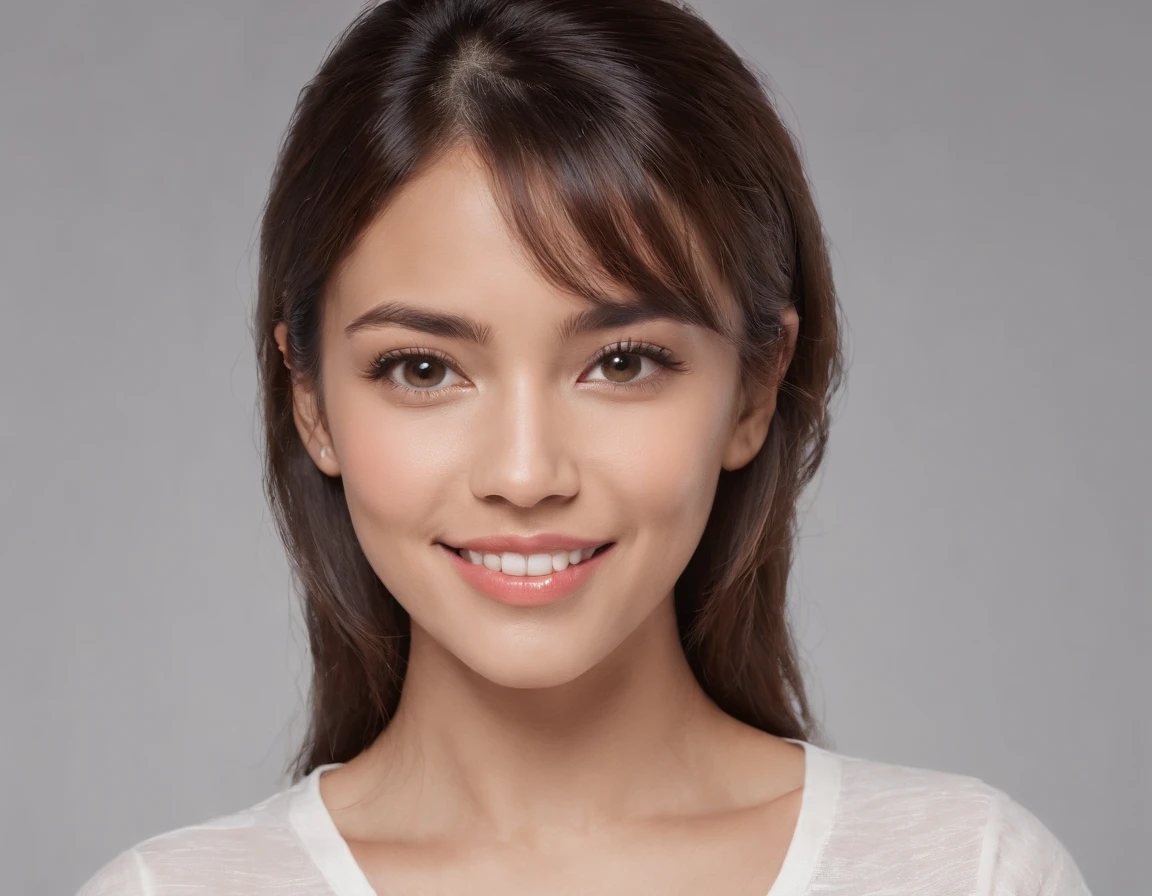 (Photo: 1.3) af (realism: 1.3), (Hispanic), Latina woman profile picture, (frontal close-up), soft light, clear face, happy, cheerful, warm light, white T-shirt, (off-white background), (blank background), (gray wall background)) avatar, (blunt bangs, younger sister's head), smile, beautiful, young, short hair, smile, (close-up)