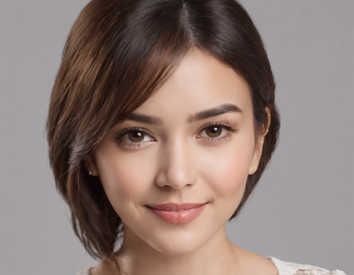 (Photo: 1.3) af (realism: 1.3), (Hispanic), Latina woman profile picture, (frontal close-up), soft light, clear face, happy, cheerful, warm light, white T-shirt, (off-white background), (blank background), (gray wall background)) avatar, (blunt bangs, younger sister's head), smile, beautiful, young, short hair, smile, (close-up)