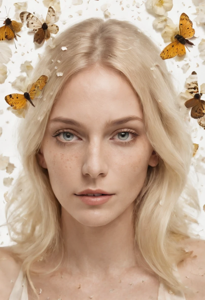 Caucasian woman in an illustration with dripping flowers on her face,upper body,blonde hair, in the style of collage-based, made of insects, william wegman, colorism, white background, pencil art illustrations, national geographic photo