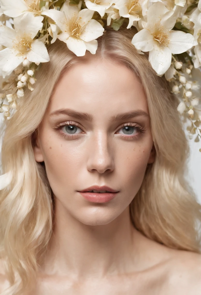 Caucasian woman in an illustration with dripping flowers on her face,upper body,blonde hair, in the style of collage-based, made of insects, william wegman, colorism, white background, pencil art illustrations, national geographic photo