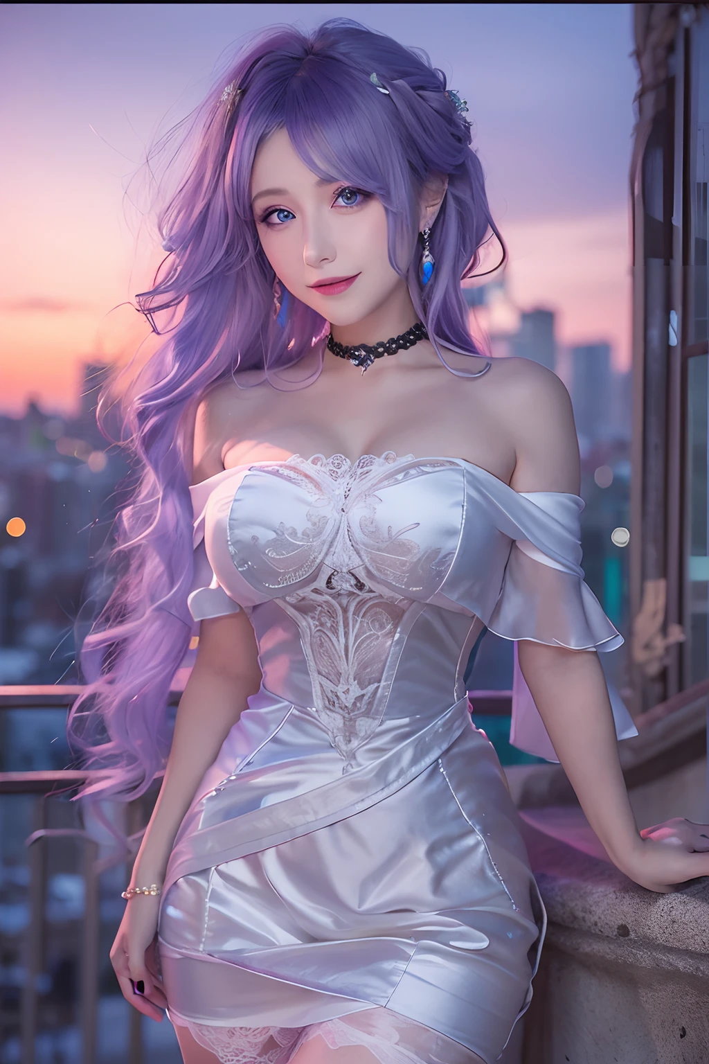 (Masterpiece), (Best quality), In winter, Sunset, Cityscape, (Huge_filesize), (Real), (Realistic), Girl, Long hair, Purple hair, Wavy hair, Makeup , Light smile, Blue eyes, Medium breasts, Wedding_dress, Bare_bshoulders, white thighhighs, Earrings, jewelry, Black choker , necklace, Turning around,