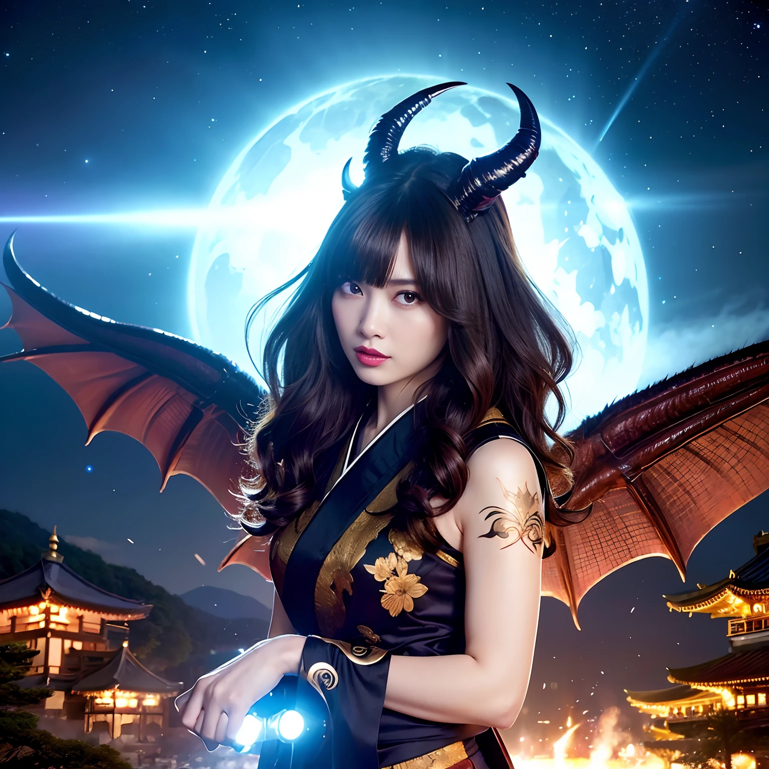 (((Fierce battle with aliens))),Professional , masterpiece、top-quality、photos realistic , depth of fields 、(sexypose)、(Black maple on the background of full bloom),(Ultimate Beauty)、A dark-haired、Mystical expression、(shrine background)、(Kimono with beautiful pattern)、(Night background)、Beautiful hair ornament on the head、,(intense fighting),((Precipitous cliffs)),(Wear a beautiful kimono),(Wear a colorful and beautiful kimono)、(Japan Castle Background)、Jewel Gold Weapon、Particles of light),(intense fighting)、Gorgeous gold weapons ,Castle background、(( Gorgeous Dragon Sword)) , (a dark night),,(maikurobikini) 、((Black Haired Beautiful Girl))、(Castle background)、(demonic wings)、((Gangle's forest background))、Beautiful Caucasian beauty、1a person、dynamic ungle,(((Two devil's horns on the head)))、Smaller head、Idle Smile、Thin and beautiful female hands、Mystical expression、Light Effects、intense fighting、Wind-effect、magic circles、With the legendary magic wand、Dragon's tail、Anatomically correct fingers、