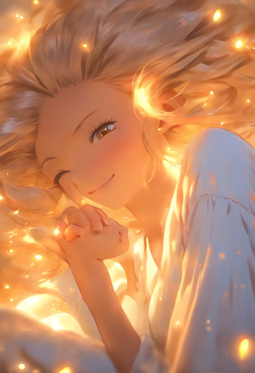 Daisaku,High Picture Quality,High Picture Quality,Extremely meticulous,1female,Amber eyes,Detailed face,The upper part of the body,breastsout,Side face,sideface.pyjamas,whiteskirt,Morning light atmosphere,amber hair,Bun head,A princess,ssmile,