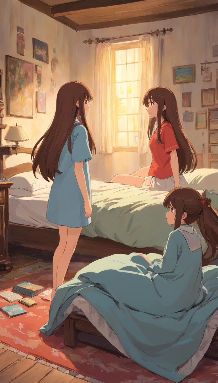 A girl with long brown hair in bedroom the other one is lying down in a bed and other one is standing facing her twin