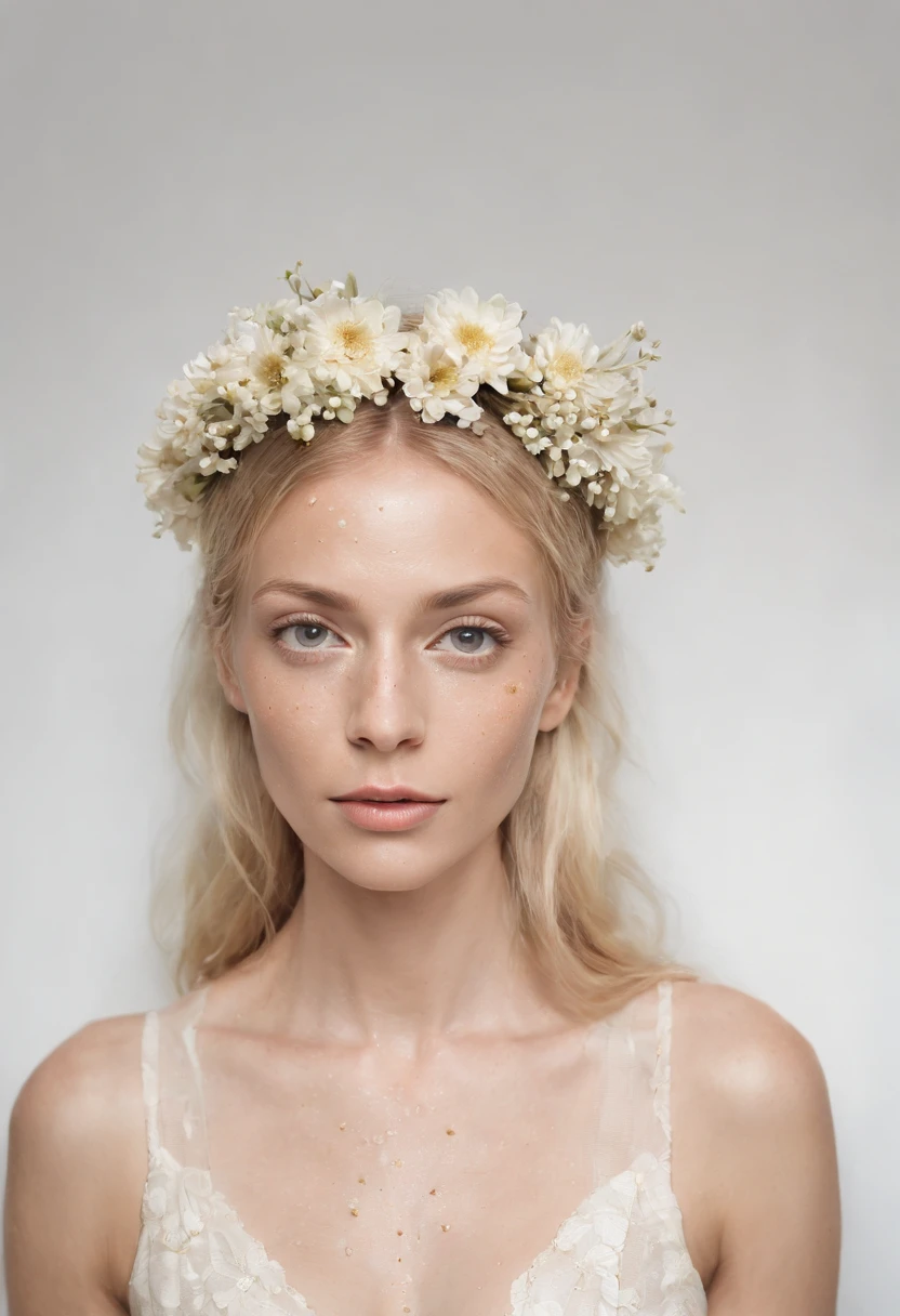 Caucasian woman in an illustration with dripping flowers on her face,upper body,blonde hair, in the style of collage-based, made of insects, william wegman, colorism, white background, pencil art illustrations, national geographic photo