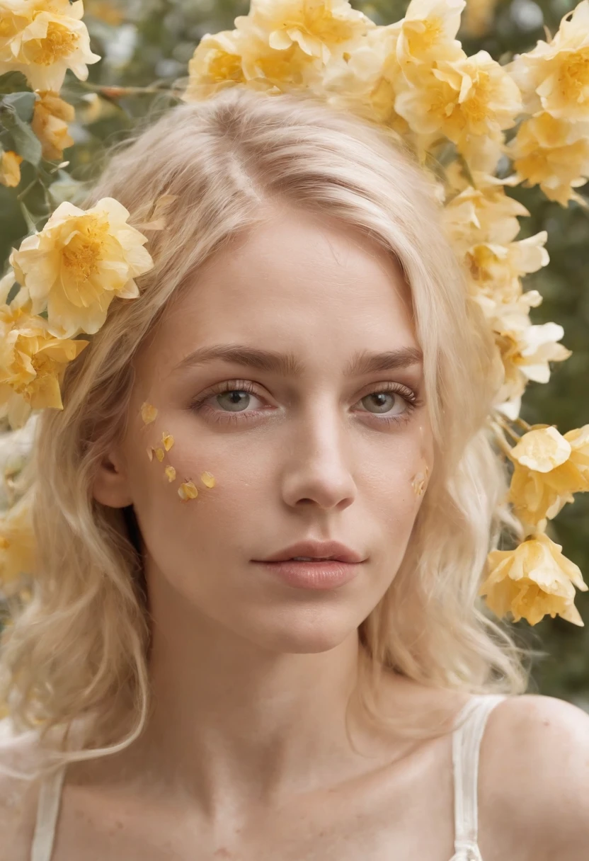 Caucasian woman in an illustration with dripping flowers on her face,upper body,blonde hair, in the style of collage-based, made of insects, william wegman, colorism, white background, pencil art illustrations, national geographic photo