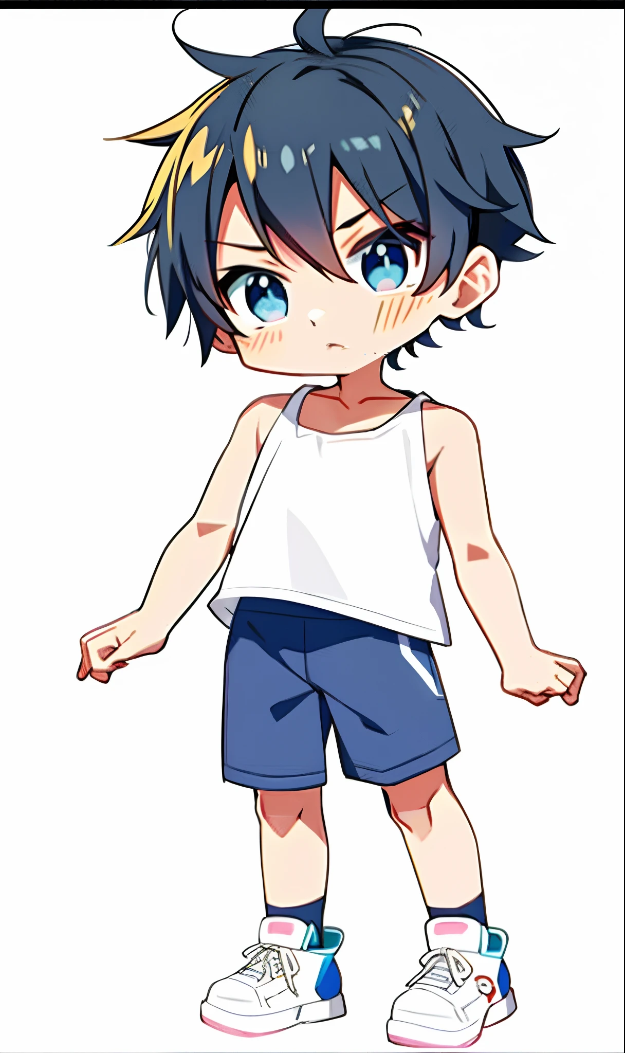 A cartoon boy in a white tank top and blue shorts, Anime boy, Tall anime guy with blue eyes, anime moe art style, live2d virtual youtuber model, anime chibi, anime vtuber full body model, chibiStyle, full body portrait of a short, Single character full body, anime style character, water color nendoroid, Cute anime, Cute anime style