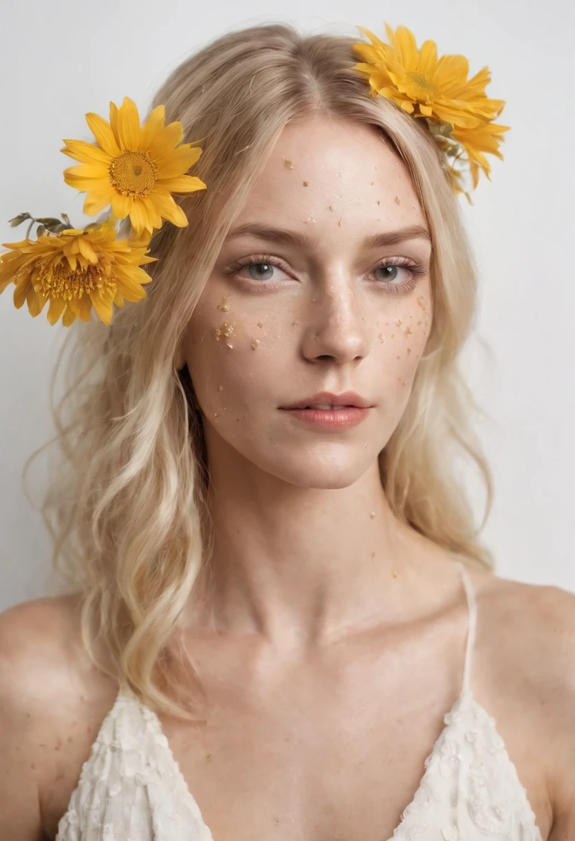 Caucasian woman in an illustration with dripping flowers on her face,upper body,blonde hair, in the style of collage-based, made of insects, william wegman, colorism, white background, pencil art illustrations, national geographic photo