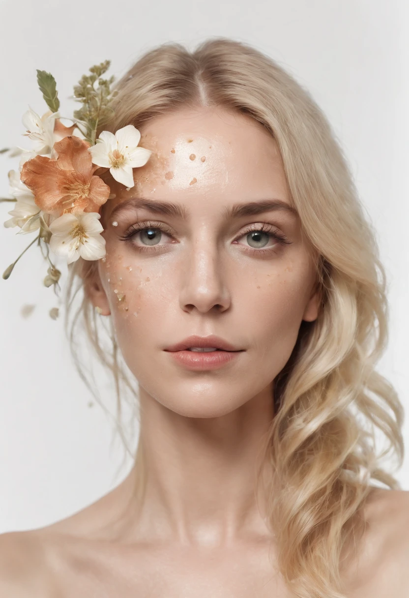 Caucasian woman in an illustration with dripping flowers on her face,upper body,blonde hair, in the style of collage-based, made of insects, william wegman, colorism, white background, pencil art illustrations, national geographic photo