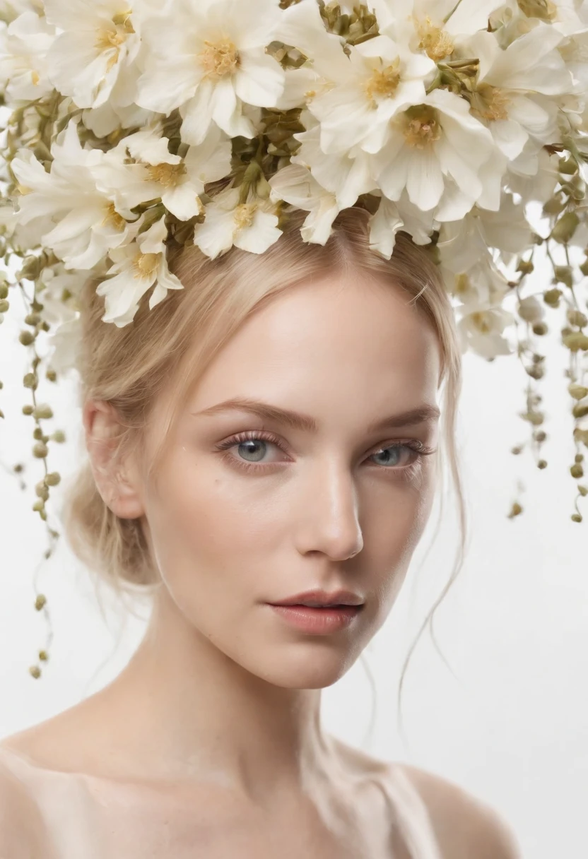 Caucasian woman in an illustration with dripping flowers on her face,upper body,blonde hair, in the style of collage-based, made of insects, william wegman, colorism, white background, pencil art illustrations, national geographic photo