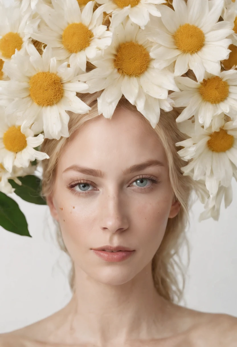 Caucasian woman in an illustration with dripping flowers on her face,upper body,blonde hair, in the style of collage-based, made of insects, william wegman, colorism, white background, pencil art illustrations, national geographic photo