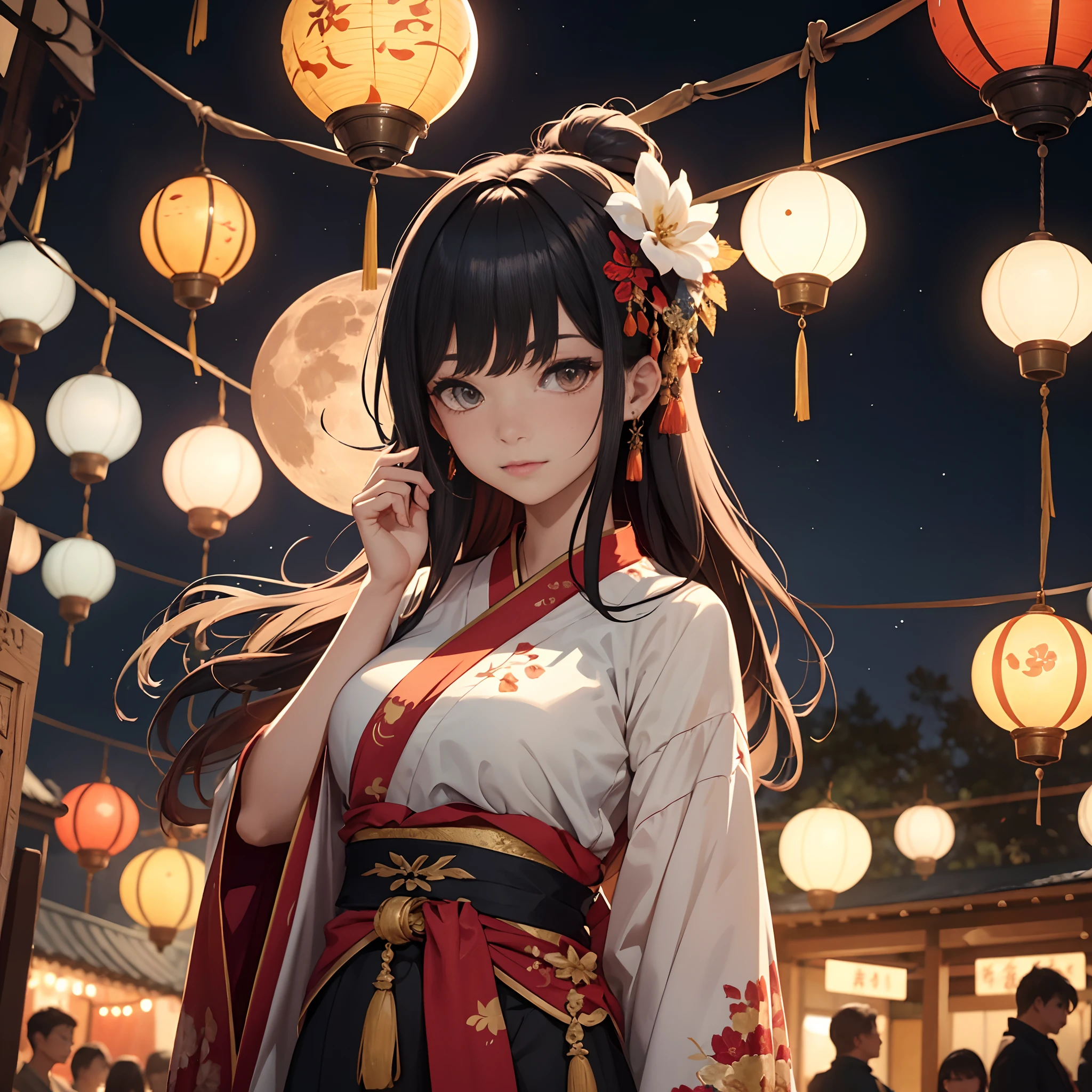 In a lively atmosphere during the Mid-Autumn Festival, there is an enchanting scene with the moon shining brightly in the night sky. The ancientry scenery brings a sense of historical charm and cultural richness to the artwork. The moon, being the focus, is described as "detailed and radiant moon," illuminating the surroundings with its gentle, ethereal glow. The scene showcases the beauty of traditional Hanfu clothing, with people dressed in exquisite and richly patterned attire, adding a touch of elegance and gracefulness. The artwork is created using a medium that perfectly captures and accentuates the intricate details, such as oil painting or 3D rendering. The colors in this masterpiece are vivid and vibrant, enhancing the overall visual impact. The lighting is carefully designed, emphasizing the moon's radiance and casting a soft, warm glow over the scene. The use of high-resolution, ultra-detailed rendering techniques ensures that every element in the composition, from the people's expressions and postures to the intricate patterns in the clothing, is faithfully depicted. Finally, the prompt is completed by including keywords related to the Mid-Autumn Festival, such as mooncakes, lanterns, and performances, to further enrich the narrative and set the festive ambiance. --auto