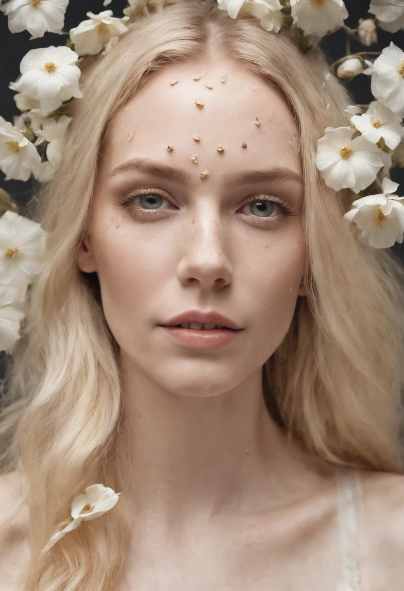 Caucasian woman in an illustration with dripping flowers on her face,upper body,blonde hair, in the style of collage-based, made of insects, william wegman, colorism, white background, pencil art illustrations, national geographic photo