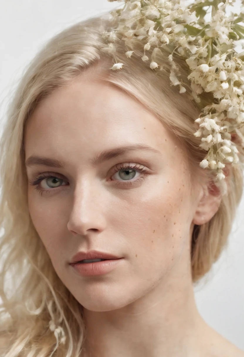 Caucasian woman in an illustration with dripping flowers on her face,upper body,blonde hair, in the style of collage-based, made of insects, william wegman, colorism, white background, pencil art illustrations, national geographic photo