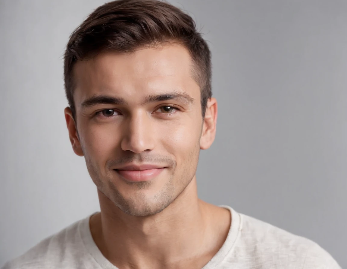 (photo: 1.3) af (realism: 1.3), (Australian man), Latino man profile picture, (frontal close-up), soft light, clear face, happy, cheerful, warm light, white T-shirt, (off-white background), (blank background), ((gray wall background)) avatar, (short hair), smile, handsome, young,, short hair, smile, (close-up)