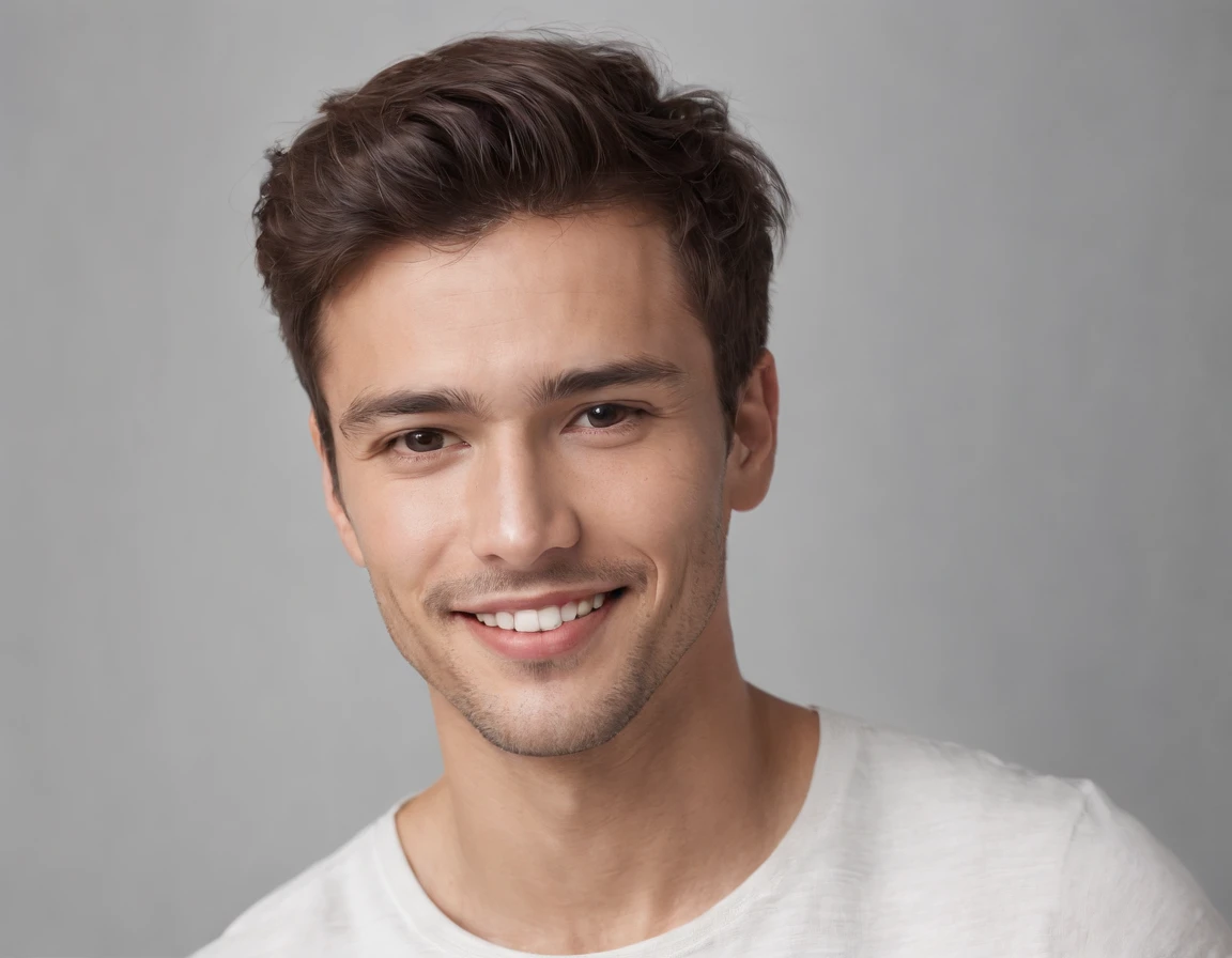 (photo: 1.3) af (realism: 1.3), (Australian man), Latino man profile picture, (frontal close-up), soft light, clear face, happy, cheerful, warm light, white T-shirt, (off-white background), (blank background), ((gray wall background)) avatar, (short hair), smile, handsome, young,, short hair, smile, (close-up)
