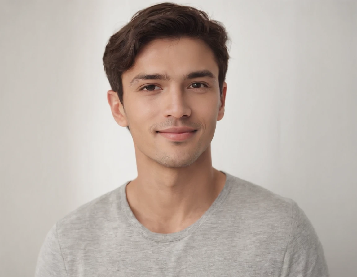 (photo: 1.3) af (realism: 1.3), (Australian man), Latino man profile picture, (frontal close-up), soft light, clear face, happy, cheerful, warm light, white T-shirt, (off-white background), (blank background), ((gray wall background)) avatar, (short hair), smile, handsome, young,, short hair, smile, (close-up)
