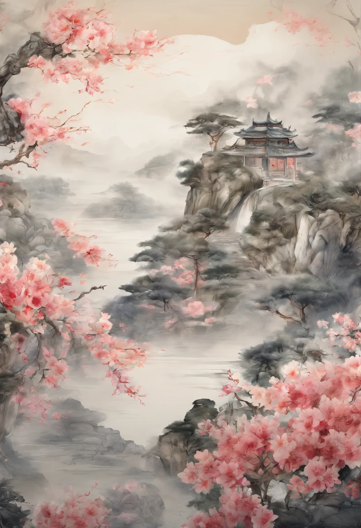 Field with beautiful flowers (close-up cleavage), meditate, Zazen, A meditative (Chinese landscape painting), (ink and watercolor painting), (8k wallpaper), (Light and Shadow Effect), rendering by octane, White balance design, Extremely detailed image representation, Wide angles, depth of fields, masterpiece, realistic, beautifully portrayed, a detailed, accurate, Masterpieces, masterpiece”