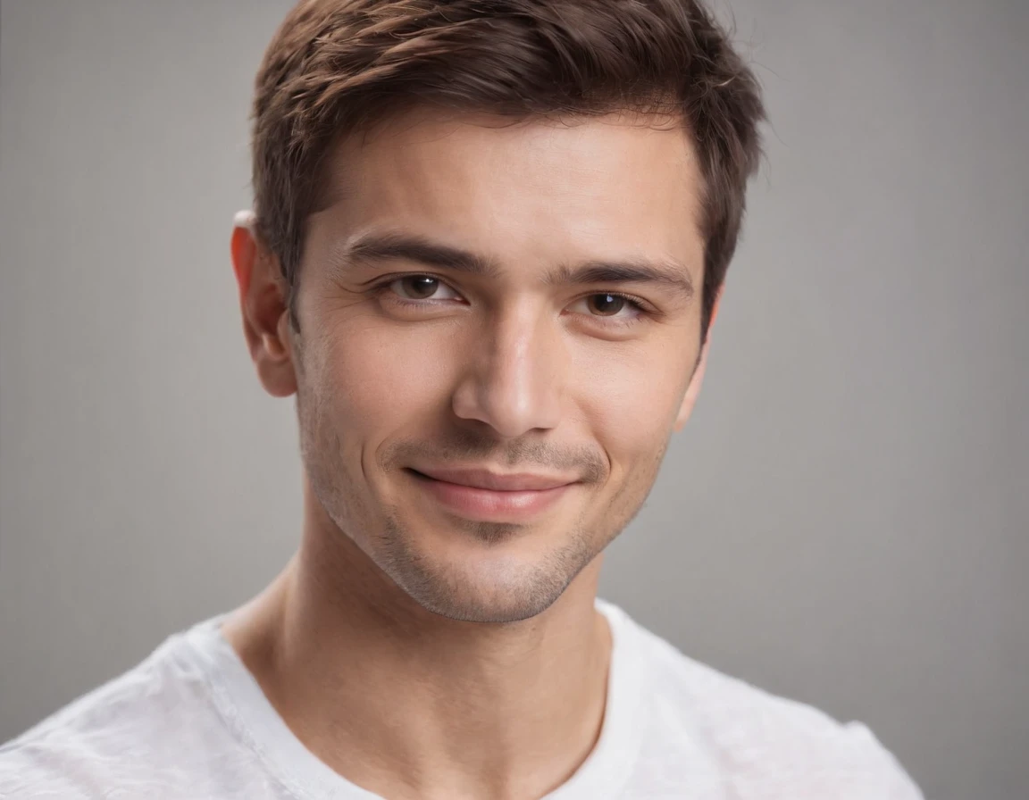 (photo: 1.3) af (realism: 1.3), (Australian man), Latino man profile picture, (frontal close-up), soft light, clear face, happy, cheerful, warm light, white T-shirt, (off-white background), (blank background), ((gray wall background)) avatar, (short hair), smile, handsome, young,, short hair, smile, (close-up)