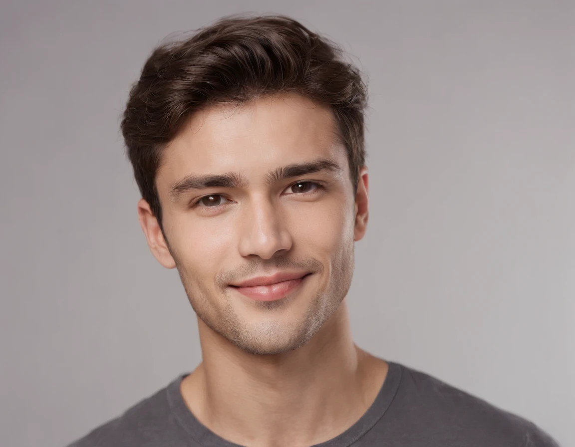 (photo: 1.3) af (realism: 1.3), (Australian man), Latino man profile picture, (frontal close-up), soft light, clear face, happy, cheerful, warm light, white T-shirt, (off-white background), (blank background), ((gray wall background)) avatar, (short hair), smile, handsome, young,, short hair, smile, (close-up)