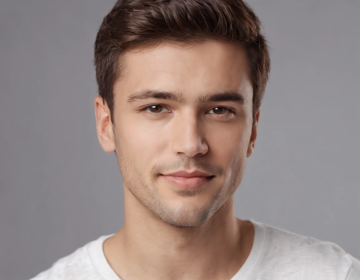 (photo: 1.3) af (realism: 1.3), (Australian man), Latino man profile picture, (frontal close-up), soft light, clear face, happy, cheerful, warm light, white T-shirt, (off-white background), (blank background), ((gray wall background)) avatar, (short hair), smile, handsome, young,, short hair, smile, (close-up)