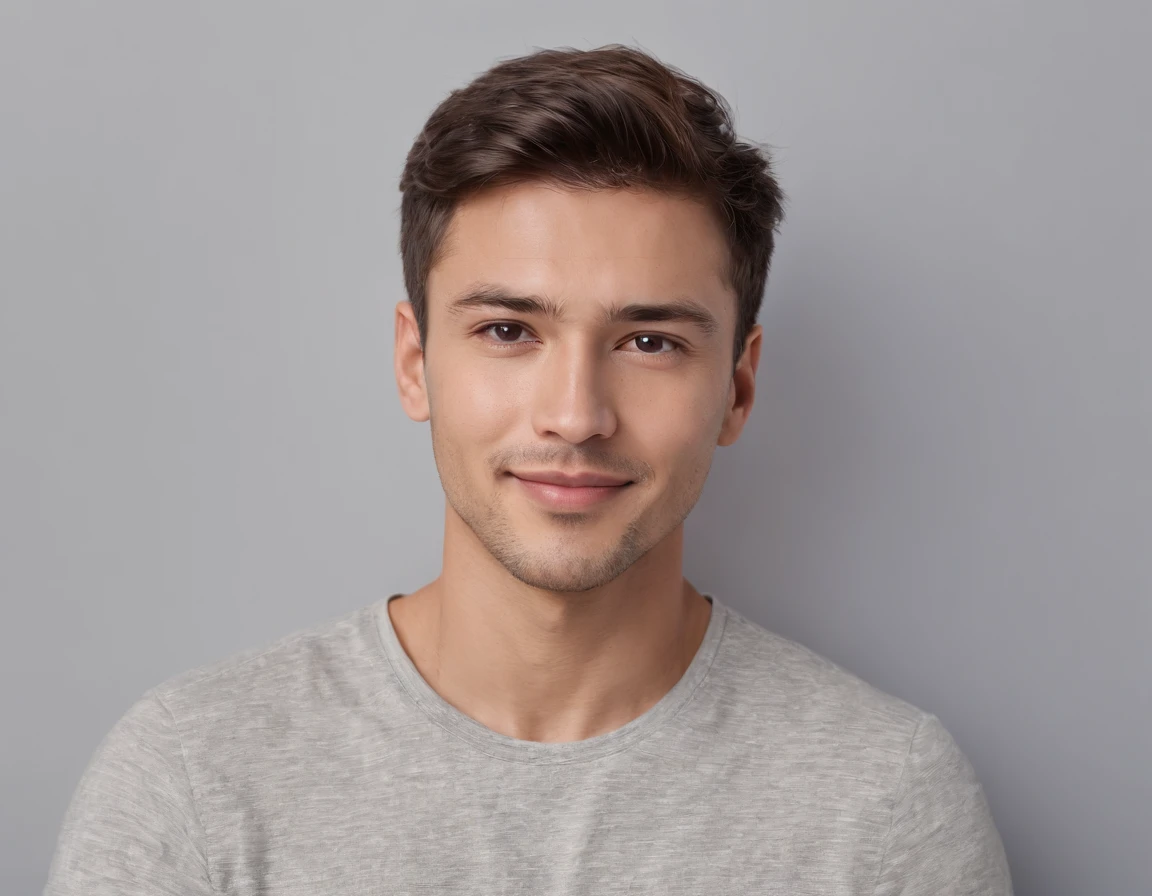 (photo: 1.3) af (realism: 1.3), (Australian man), Latino man profile picture, (frontal close-up), soft light, clear face, happy, cheerful, warm light, white T-shirt, (off-white background), (blank background), ((gray wall background)) avatar, (short hair), smile, handsome, young,, short hair, smile, (close-up)