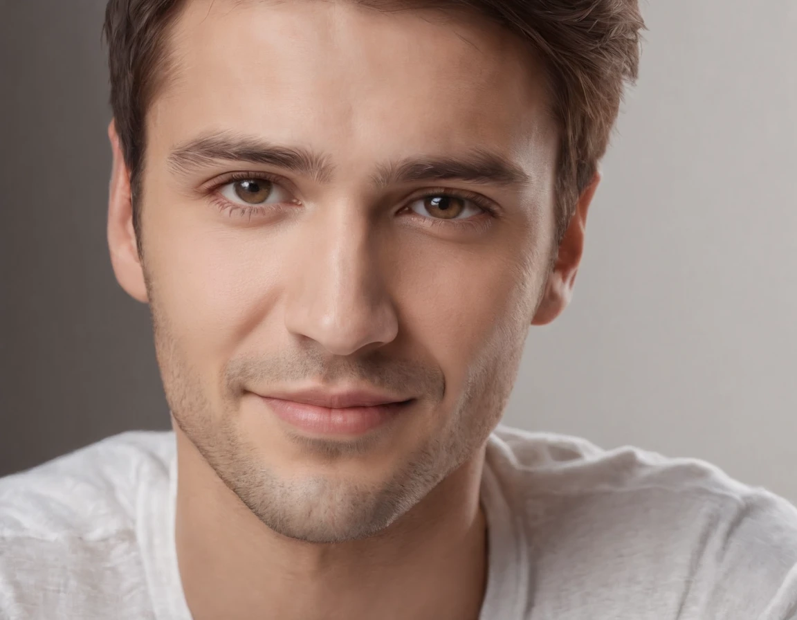 (photo: 1.3) af (realism: 1.3), (Australian man), Latino man profile picture, (frontal close-up), soft light, clear face, happy, cheerful, warm light, white T-shirt, (off-white background), (blank background), ((gray wall background)) avatar, (short hair), smile, handsome, young,, short hair, smile, (close-up)