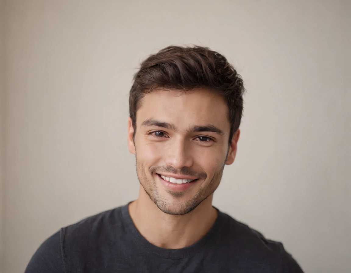 (photo: 1.3) af (realism: 1.3), (Australian man), Latino man profile picture, (frontal close-up), soft light, clear face, happy, cheerful, warm light, white T-shirt, (off-white background), (blank background), ((gray wall background)) avatar, (short hair), smile, handsome, young,, short hair, smile, (close-up)