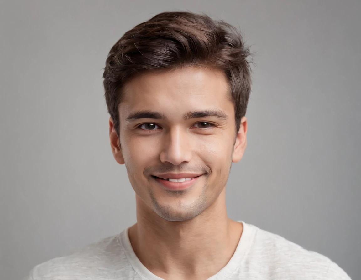 (photo: 1.3) af (realism: 1.3), (Australian man), Latino man profile picture, (frontal close-up), soft light, clear face, happy, cheerful, warm light, white T-shirt, (off-white background), (blank background), ((gray wall background)) avatar, (short hair), smile, handsome, young,, short hair, smile, (close-up)