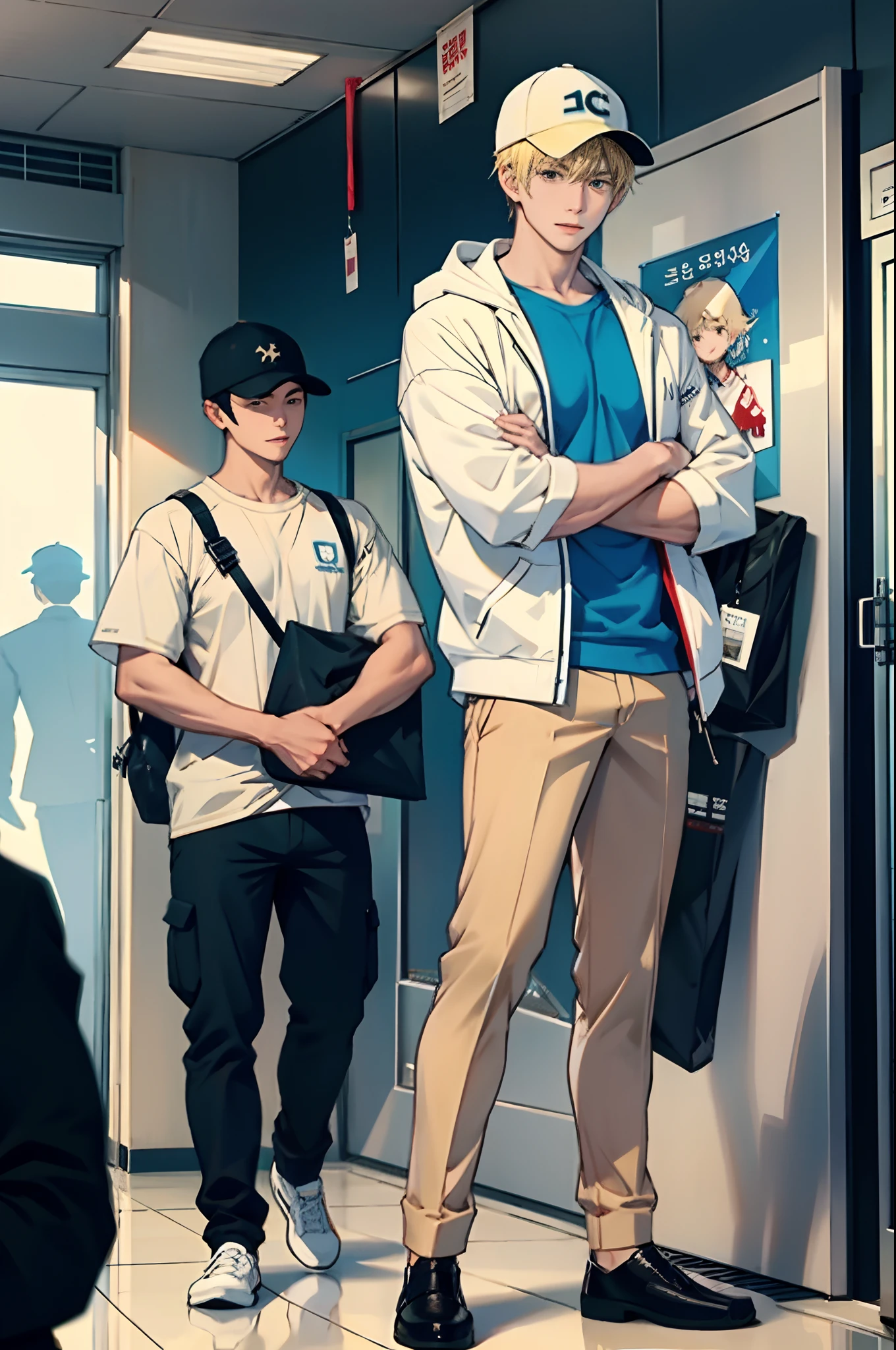 (tmasterpiece,超高分辨率,16k UHD,high qulity),low tune,commute,ads,tvp,standing on your feet,looking at viewert,hoody,tmasterpiece,in the dining room,sitted,(Super short blonde hair),Black eyes,Turn to the back,ssmile,Seoul,(small heads),Precise anatomy,deliver goods, Precise hand structure,light colored costume,Work pants, baseball cap,Unity 16K wallpaper,concept-art,One guy,8K eyes,(((Mature male))),(short detailed hair),Work pants,(photorealiscic face:1.8),broad shoulder,slips,(full bodyesbian:1.6),Male 24,