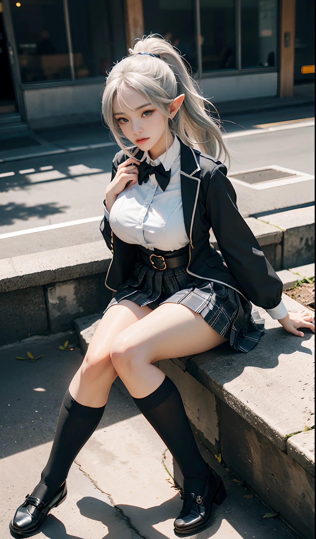 (Very normal body type:2.0)Japanese style streetscape:1 Elf beauty,jk ,(Elf long ears),silvery short hair,Half tied ponytail。high school girls uniform),Short plaid skirt,please stretch your legs,Black short stockings,black socks, black socks,translucent black socks,jade feet,Sole,normal feet , highly detailed eyes and face, sharp pupils, realistic student, fix a sharp focus, cinematic lighting,full body esbian,big breasts,long legs,from the front,dynamic pose,normal posture,close up of face