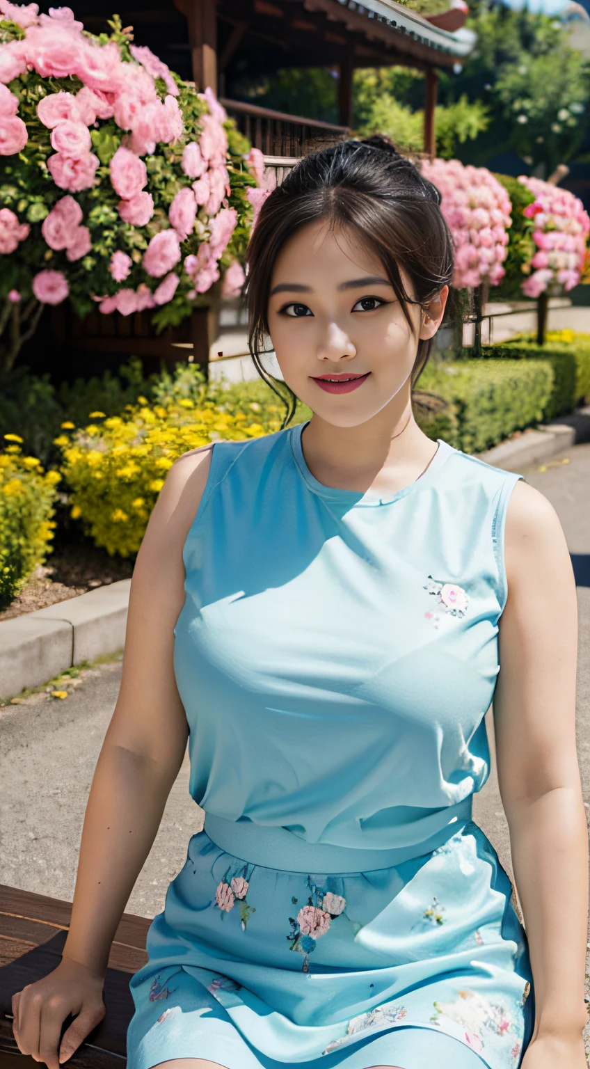 ((中景 the scene is,A half body))1 girl, Obese body, generous dimensions, 35yo,Middle-aged woman,face round, Fat face,double chin, ssmile,Overweight,Short hair tied up ,Sleeveless floral shirt printed with flowers,Skirt,Highlight the breasts,Put her weight on her stomach,looks into camera,Country Garden background,ssmile,ssmile